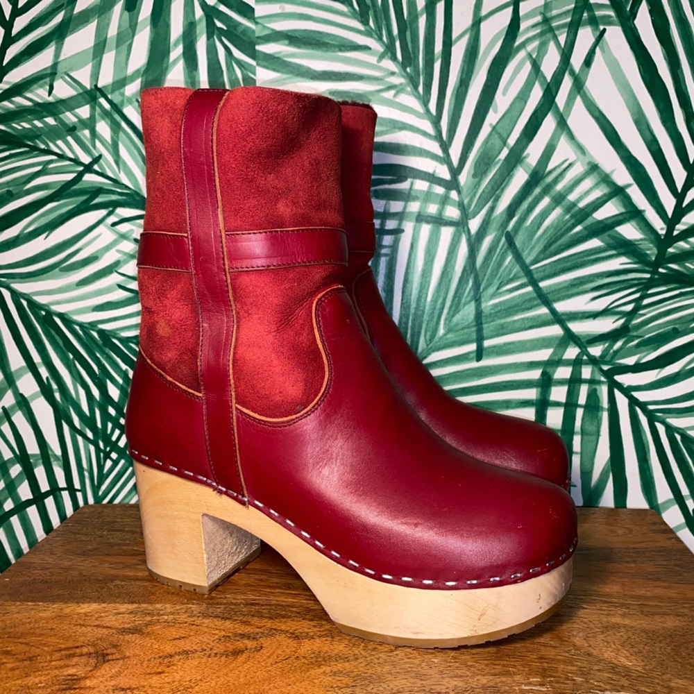 Sweedish Hasbeens Red Leather Shearling Wood Platform Ankle Boots Women’s 39/9 - Picture 1 of 13